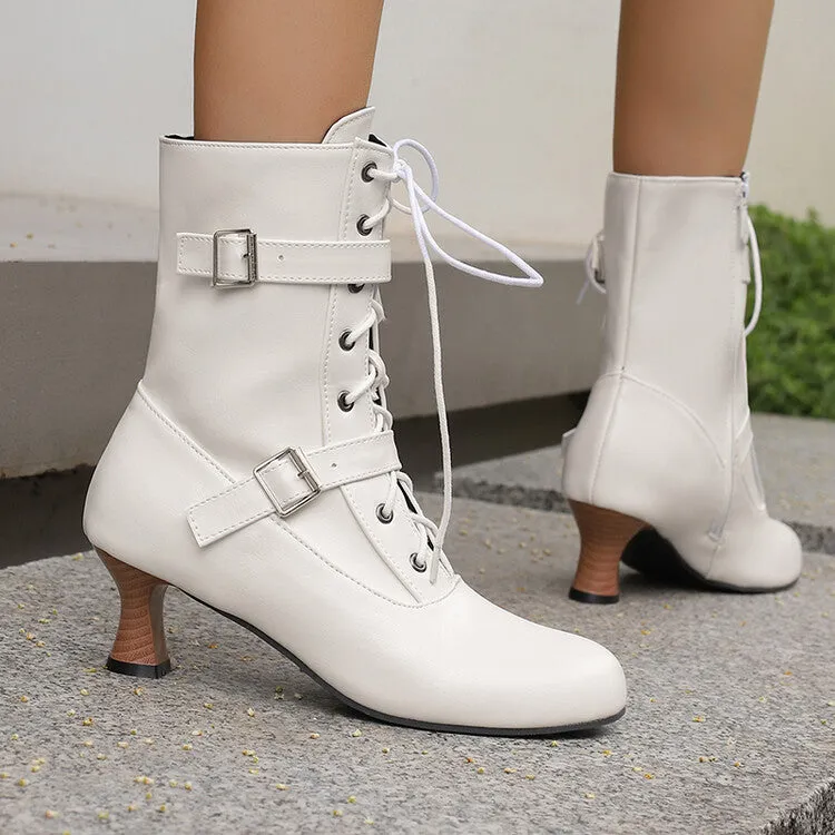 Women's Lace-up Buckle Belt Round Toe Hoof Heel Ankle Boots