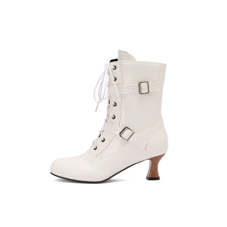 Women's Lace-up Buckle Belt Round Toe Hoof Heel Ankle Boots