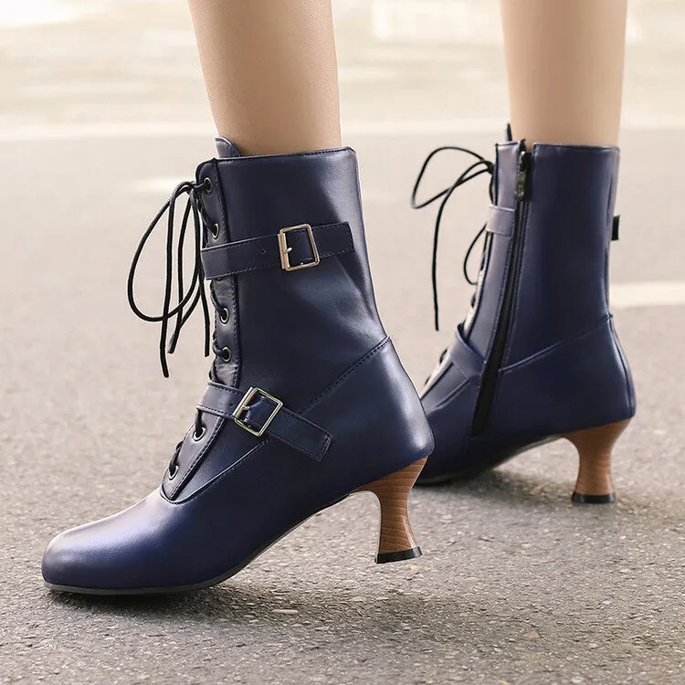 Women's Lace-up Buckle Belt Round Toe Hoof Heel Ankle Boots