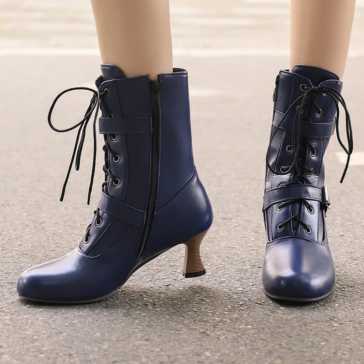 Women's Lace-up Buckle Belt Round Toe Hoof Heel Ankle Boots