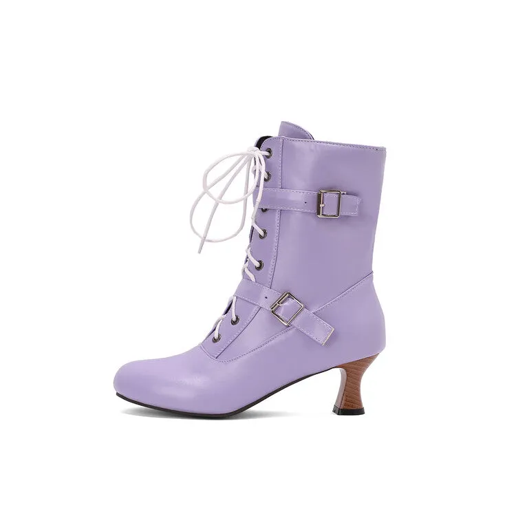 Women's Lace-up Buckle Belt Round Toe Hoof Heel Ankle Boots
