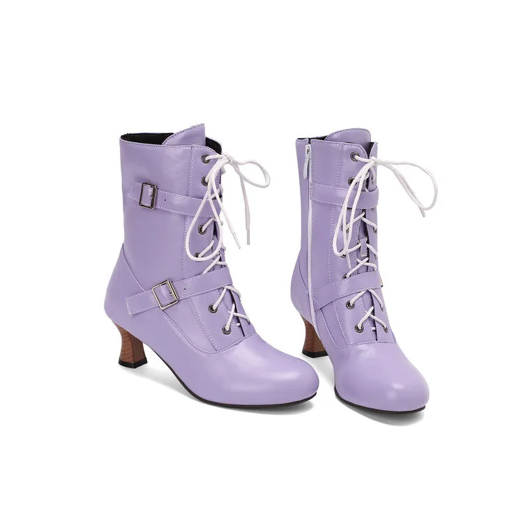 Women's Lace-up Buckle Belt Round Toe Hoof Heel Ankle Boots