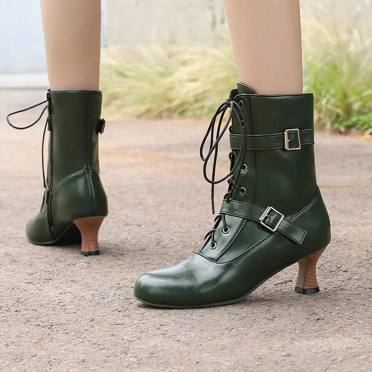 Women's Lace-up Buckle Belt Round Toe Hoof Heel Ankle Boots