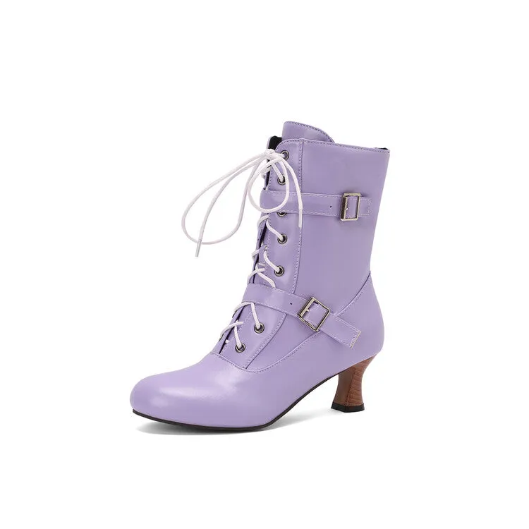 Women's Lace-up Buckle Belt Round Toe Hoof Heel Ankle Boots