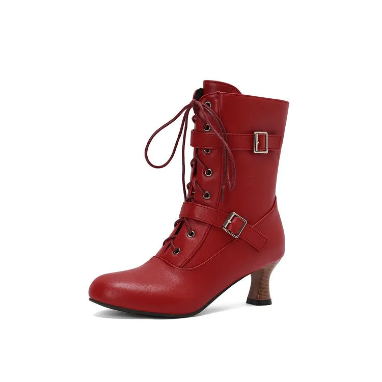 Women's Lace-up Buckle Belt Round Toe Hoof Heel Ankle Boots