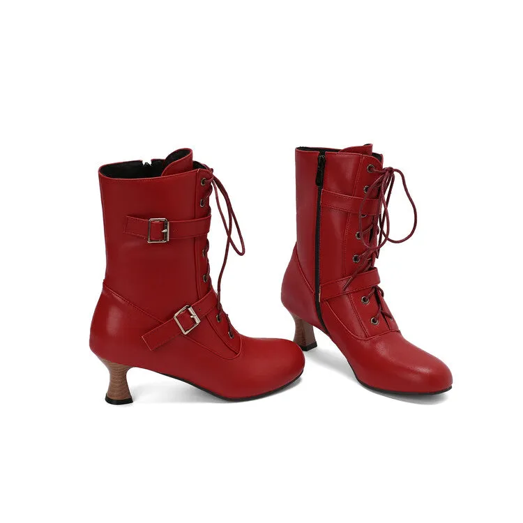 Women's Lace-up Buckle Belt Round Toe Hoof Heel Ankle Boots