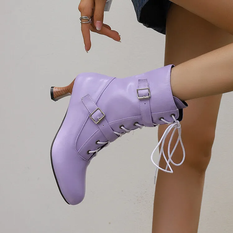 Women's Lace-up Buckle Belt Round Toe Hoof Heel Ankle Boots