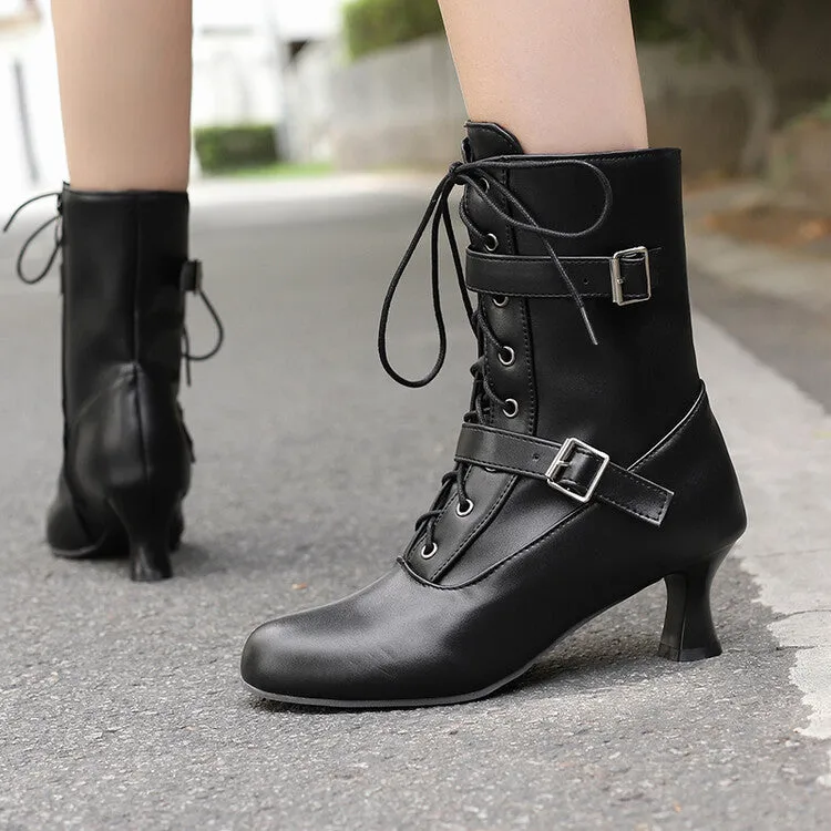 Women's Lace-up Buckle Belt Round Toe Hoof Heel Ankle Boots