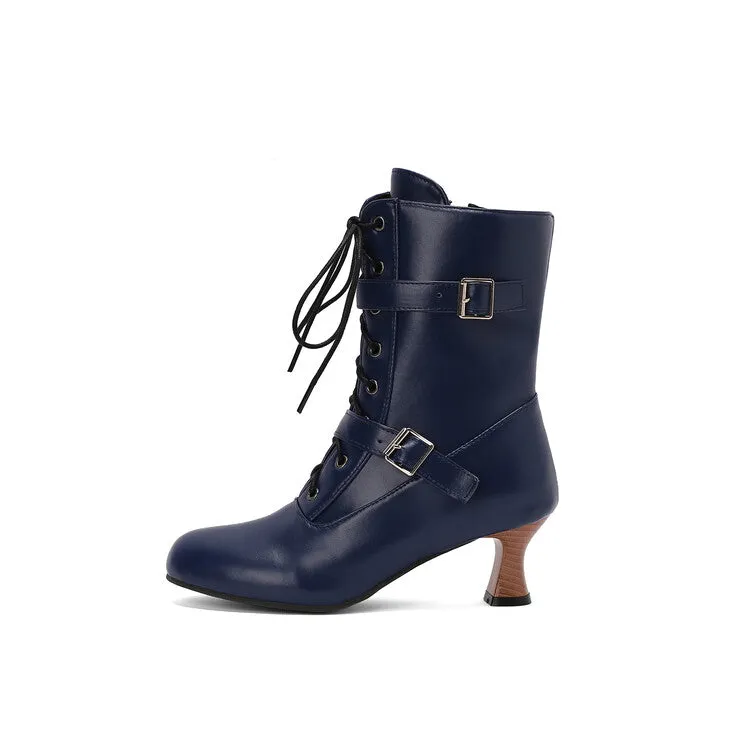 Women's Lace-up Buckle Belt Round Toe Hoof Heel Ankle Boots