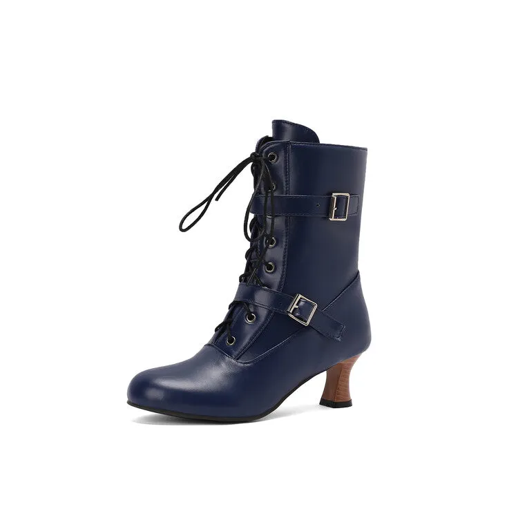 Women's Lace-up Buckle Belt Round Toe Hoof Heel Ankle Boots