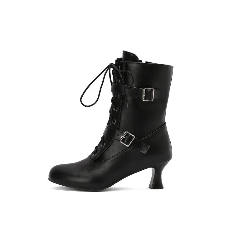 Women's Lace-up Buckle Belt Round Toe Hoof Heel Ankle Boots