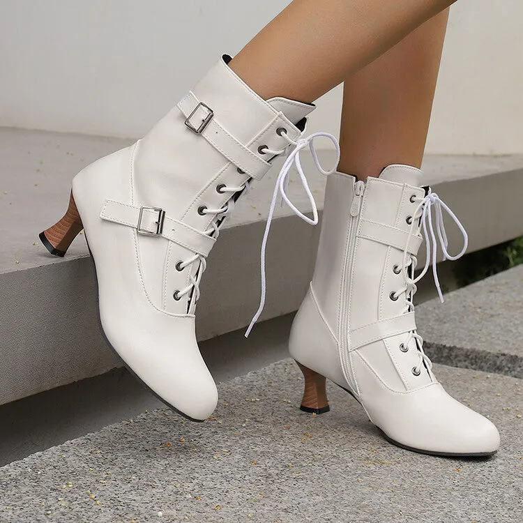 Women's Lace-up Buckle Belt Round Toe Hoof Heel Ankle Boots