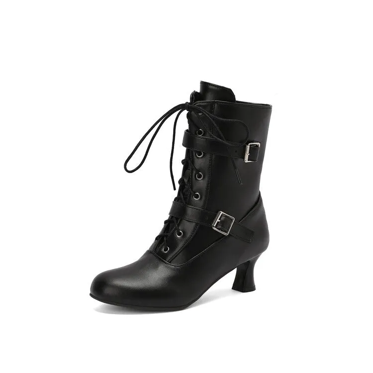 Women's Lace-up Buckle Belt Round Toe Hoof Heel Ankle Boots
