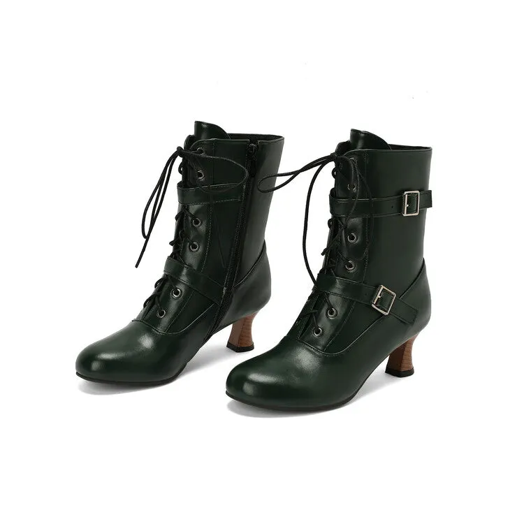 Women's Lace-up Buckle Belt Round Toe Hoof Heel Ankle Boots