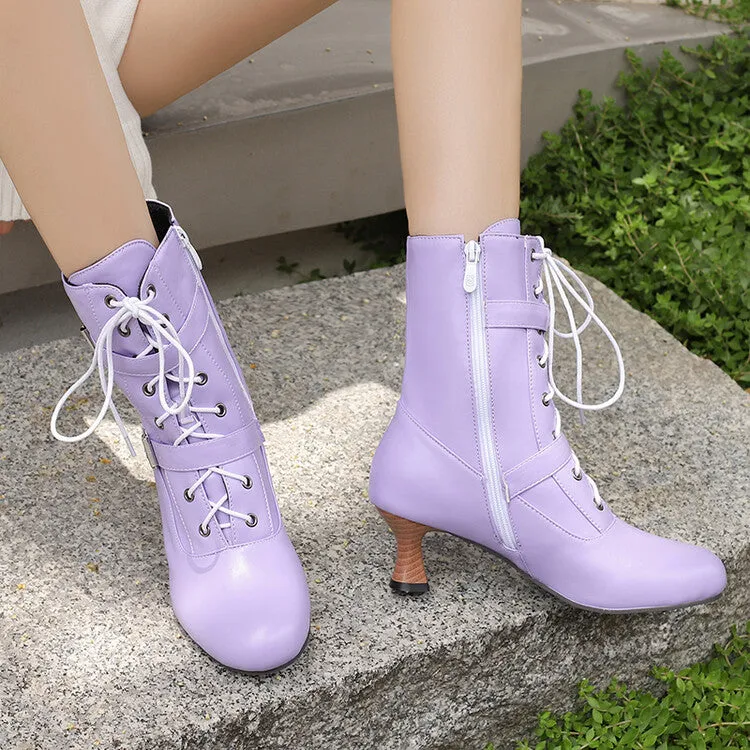 Women's Lace-up Buckle Belt Round Toe Hoof Heel Ankle Boots
