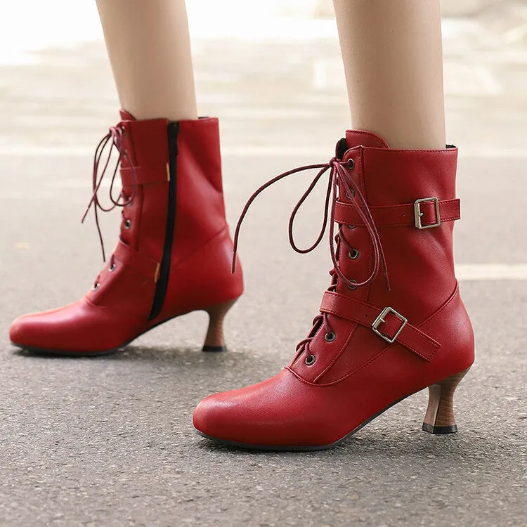 Women's Lace-up Buckle Belt Round Toe Hoof Heel Ankle Boots