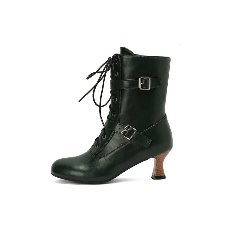 Women's Lace-up Buckle Belt Round Toe Hoof Heel Ankle Boots