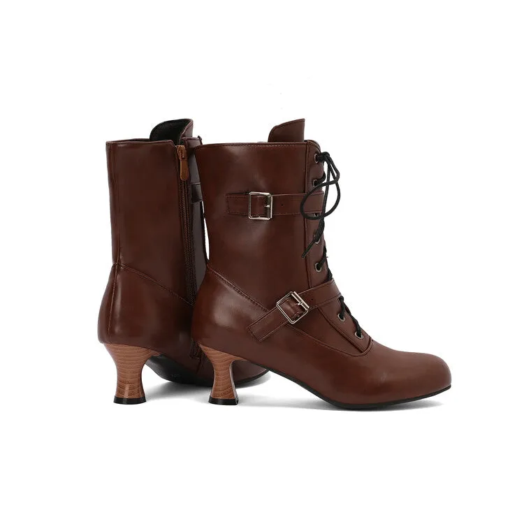 Women's Lace-up Buckle Belt Round Toe Hoof Heel Ankle Boots