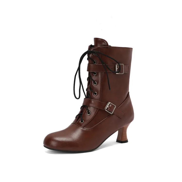 Women's Lace-up Buckle Belt Round Toe Hoof Heel Ankle Boots