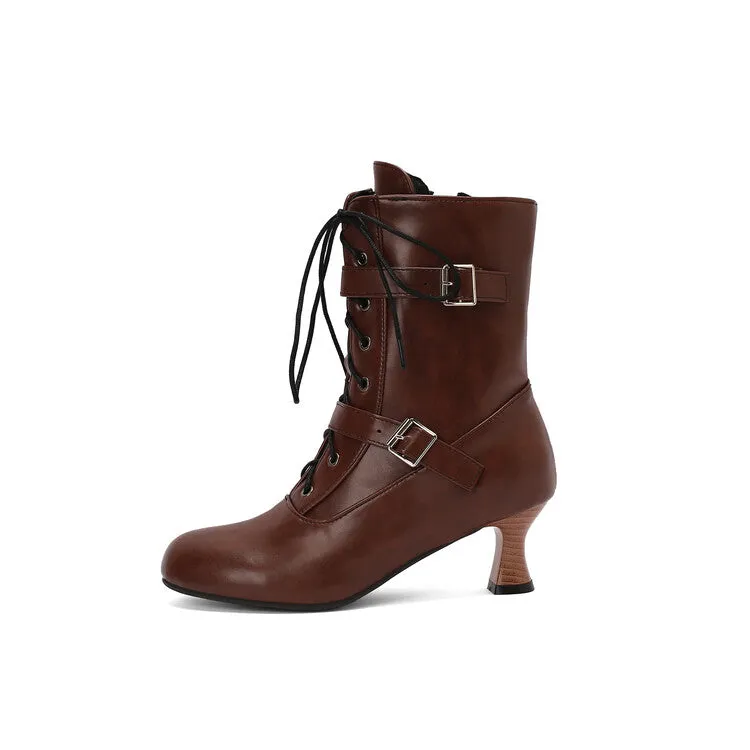 Women's Lace-up Buckle Belt Round Toe Hoof Heel Ankle Boots