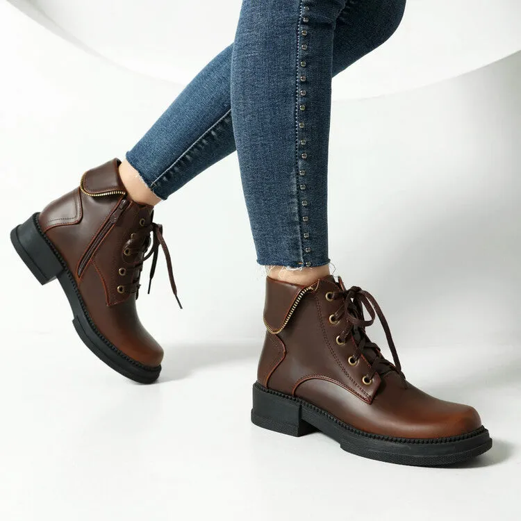 Women's Lace Up Round Toe Block Heel Platform Ankle Boots