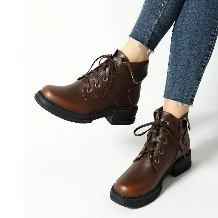 Women's Lace Up Round Toe Block Heel Platform Ankle Boots