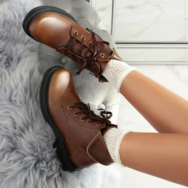Women's Lace Up Round Toe Block Heel Platform Ankle Boots