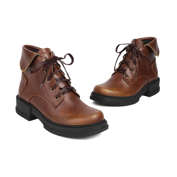Women's Lace Up Round Toe Block Heel Platform Ankle Boots