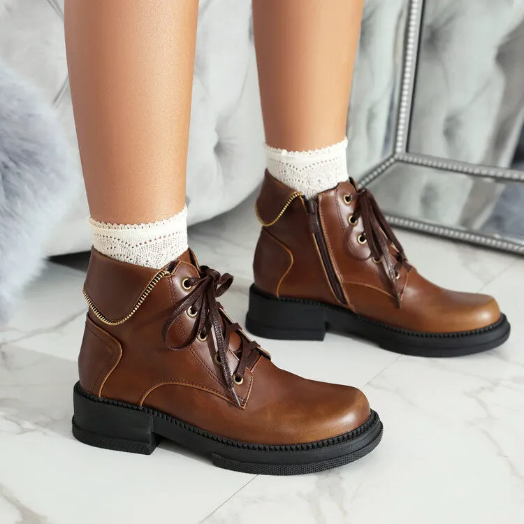 Women's Lace Up Round Toe Block Heel Platform Ankle Boots