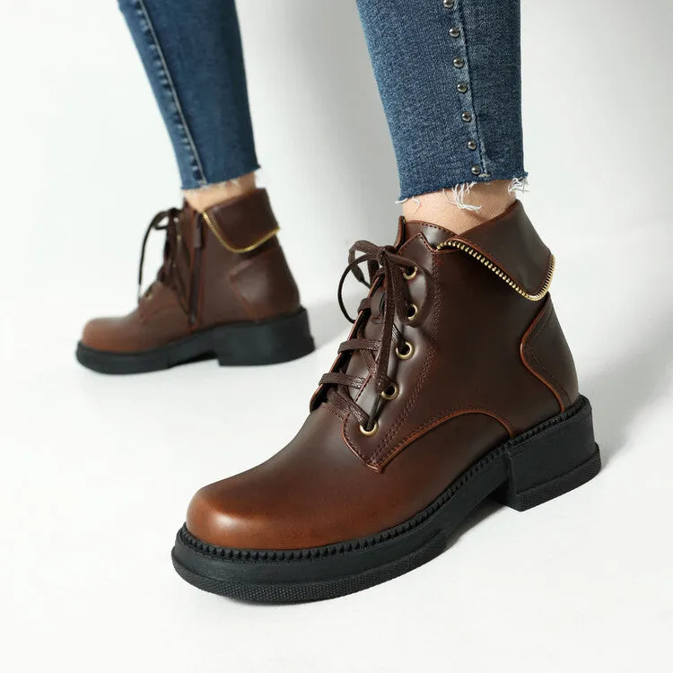 Women's Lace Up Round Toe Block Heel Platform Ankle Boots