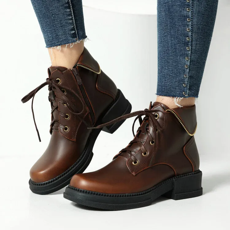 Women's Lace Up Round Toe Block Heel Platform Ankle Boots