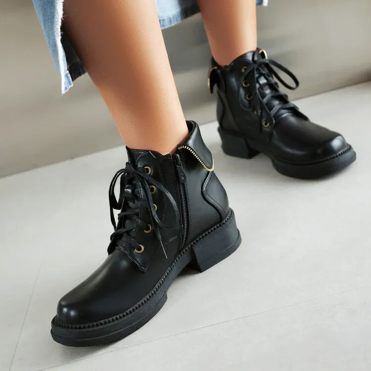 Women's Lace Up Round Toe Block Heel Platform Ankle Boots
