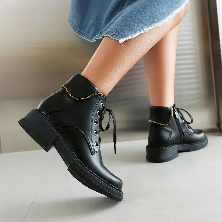 Women's Lace Up Round Toe Block Heel Platform Ankle Boots