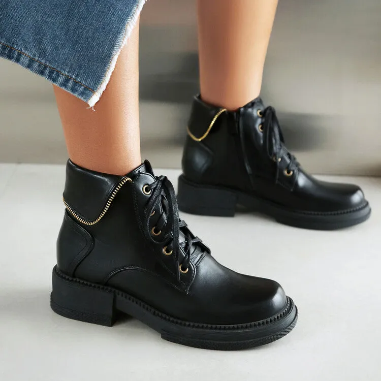 Women's Lace Up Round Toe Block Heel Platform Ankle Boots