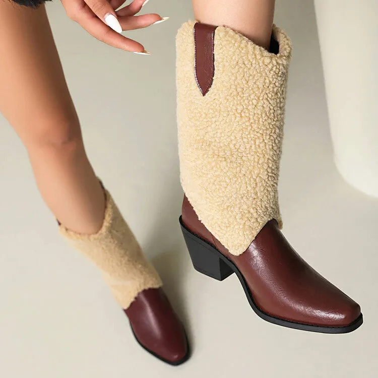Women's Patchwork Pointed Toe Block Heel Mid Calf Western Boots