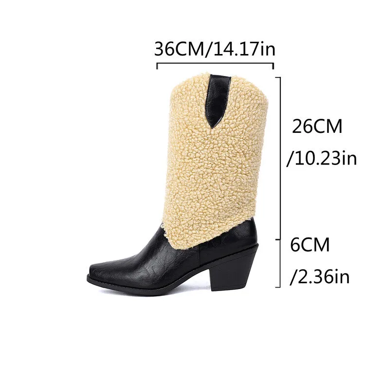 Women's Patchwork Pointed Toe Block Heel Mid Calf Western Boots