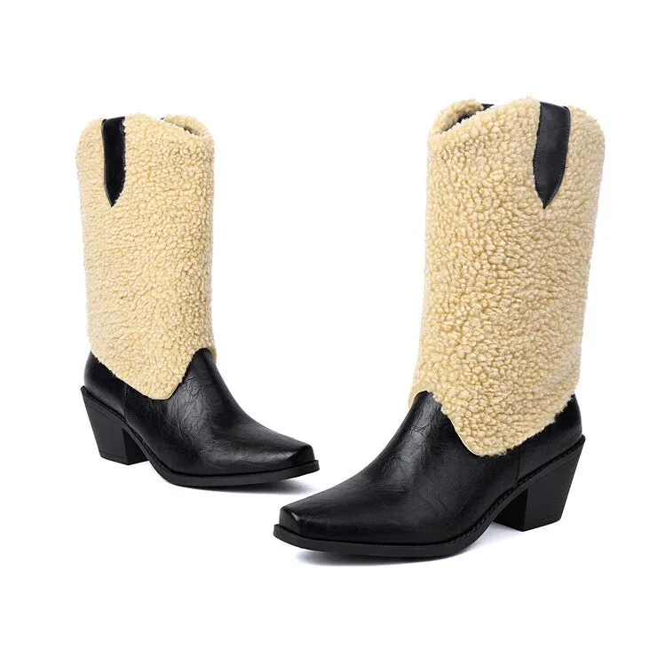 Women's Patchwork Pointed Toe Block Heel Mid Calf Western Boots