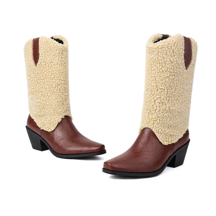 Women's Patchwork Pointed Toe Block Heel Mid Calf Western Boots