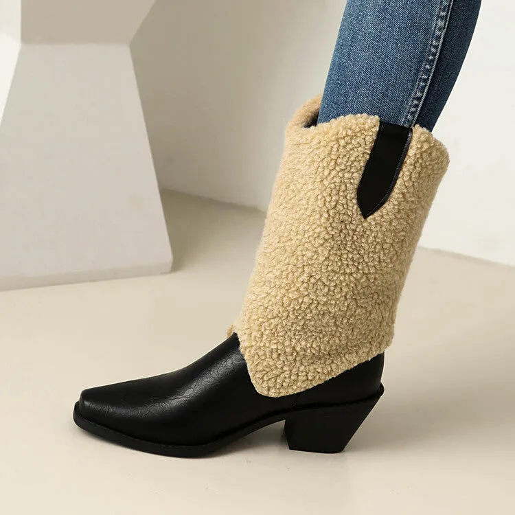Women's Patchwork Pointed Toe Block Heel Mid Calf Western Boots