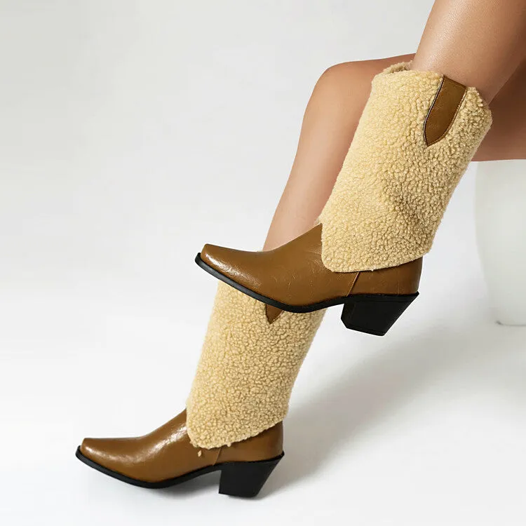 Women's Patchwork Pointed Toe Block Heel Mid Calf Western Boots