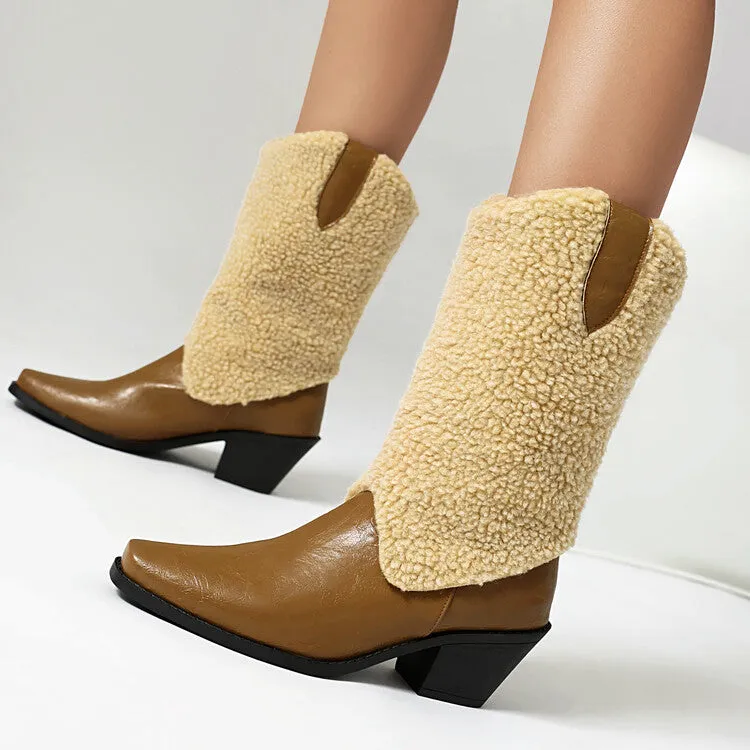 Women's Patchwork Pointed Toe Block Heel Mid Calf Western Boots