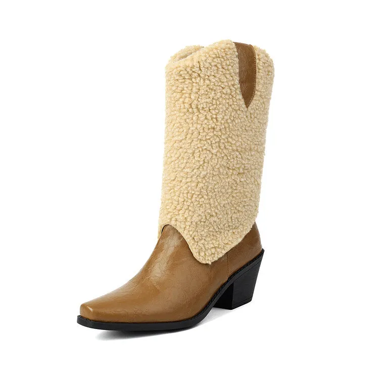 Women's Patchwork Pointed Toe Block Heel Mid Calf Western Boots