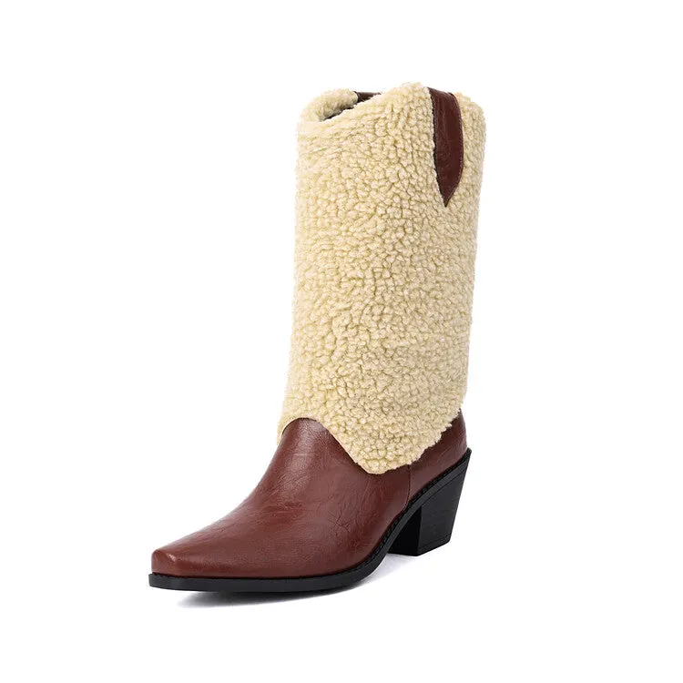 Women's Patchwork Pointed Toe Block Heel Mid Calf Western Boots