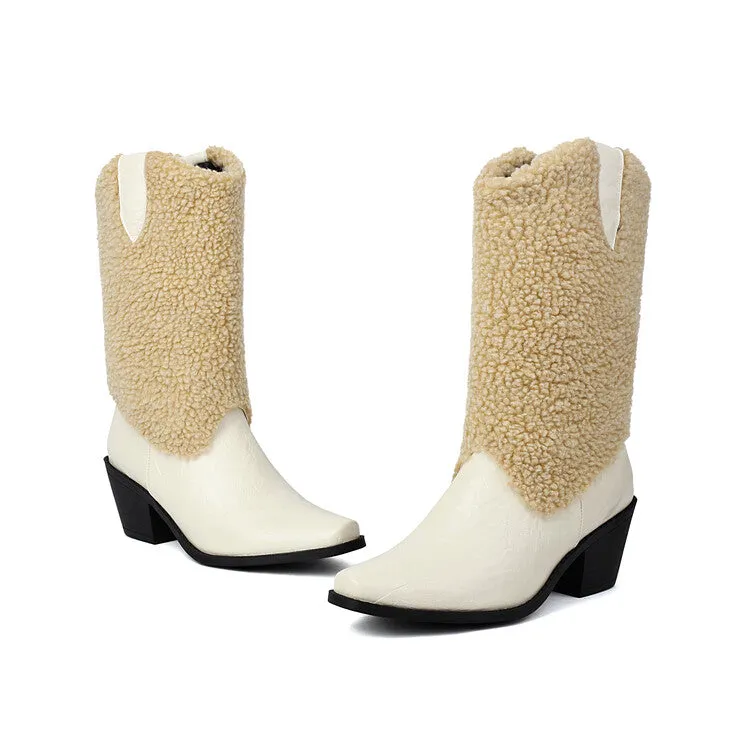 Women's Patchwork Pointed Toe Block Heel Mid Calf Western Boots