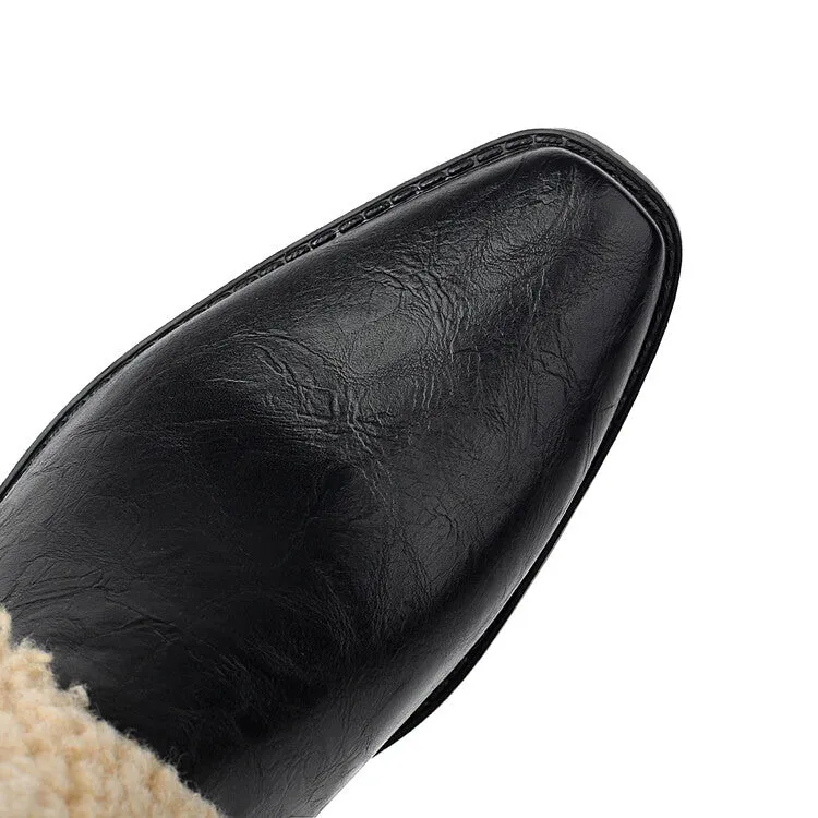 Women's Patchwork Pointed Toe Block Heel Mid Calf Western Boots