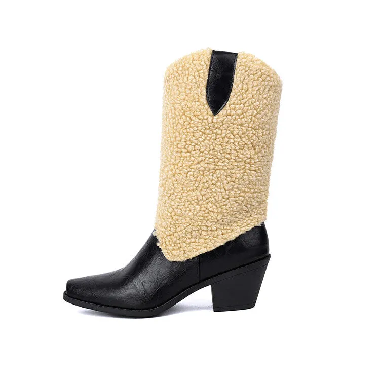 Women's Patchwork Pointed Toe Block Heel Mid Calf Western Boots
