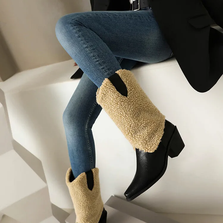 Women's Patchwork Pointed Toe Block Heel Mid Calf Western Boots