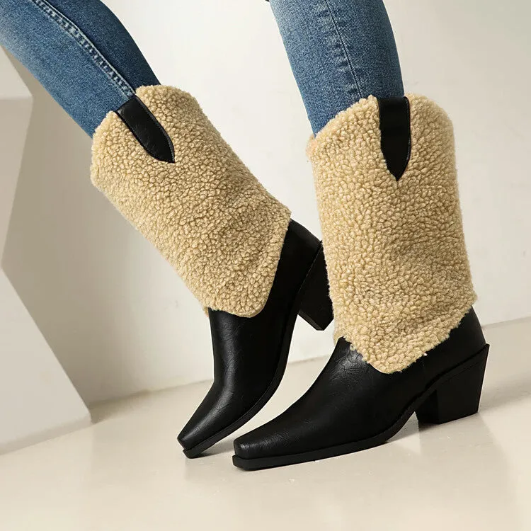 Women's Patchwork Pointed Toe Block Heel Mid Calf Western Boots