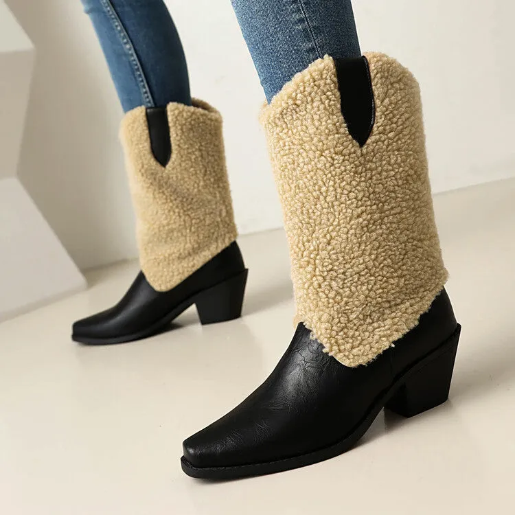 Women's Patchwork Pointed Toe Block Heel Mid Calf Western Boots
