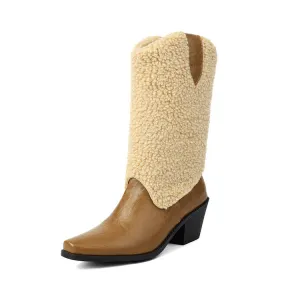 Women's Patchwork Pointed Toe Block Heel Mid Calf Western Boots